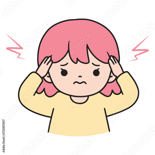 Illustration of a young girl experiencing a headache, with pink hair and a worried expression, holding her temples