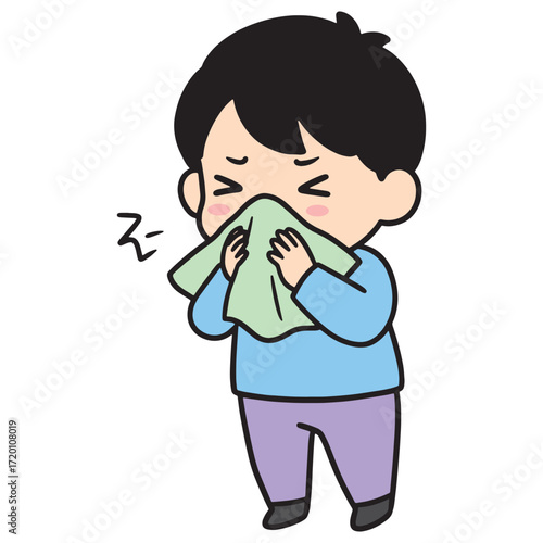 A cartoon illustration of a young man sneezing into a tissue, depicting illness and allergies