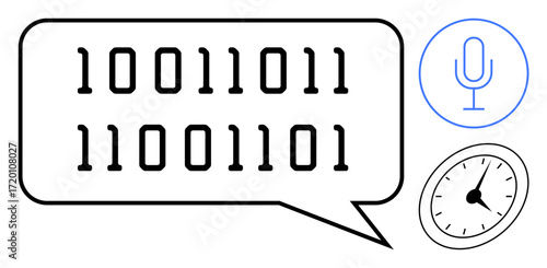 Binary digits in speech bubble with microphone and clock symbolize data exchange, coding, and AI. Ideal for programming, communication, voice recognition, time tracking, digital tools, AI innovation