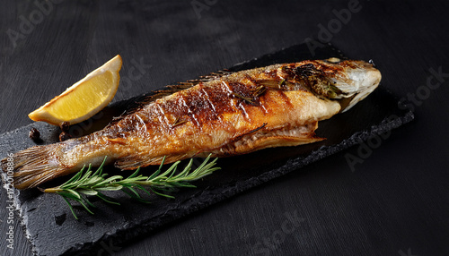 Grilled Sea Bass With Rosemary On Black Stone
