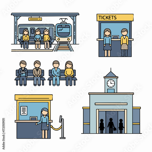 Public transportation hub with ticket counter, waiting area, and train platform illustration