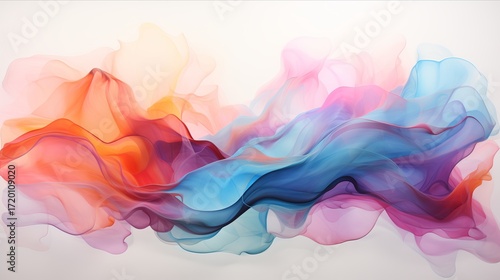 A vibrant abstract wave of colorful smoke-like forms flowing gracefully across a canvas.