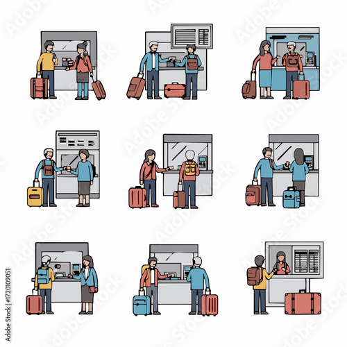 Airport travel procedures collection showing passengers at check-in, security, and boarding gates, interacting with staff and using self-service kiosks for efficient journey