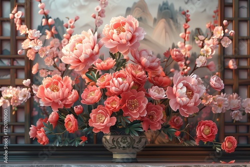 A vibrant bouquet of peonies and cherry blossoms in a decorative vase.