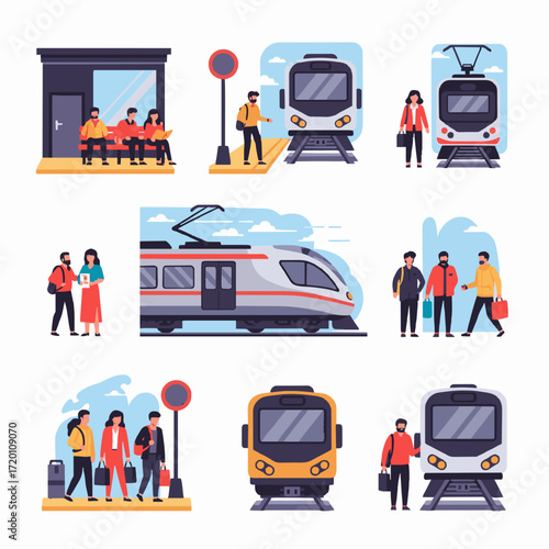 Commuting People Waiting and Riding Subway Train Illustration