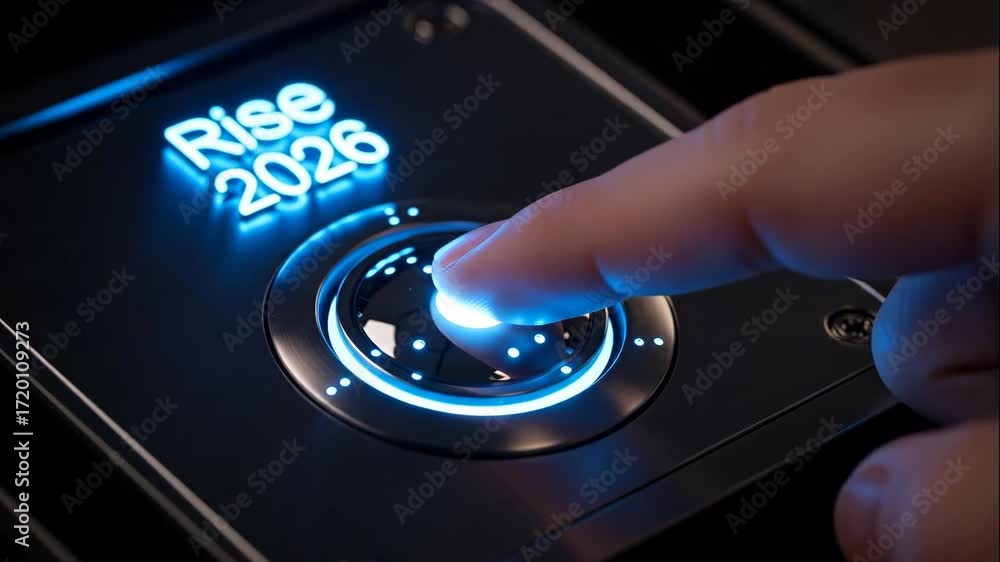 Finger Pressing Rise 2026 Glowing Button - A finger presses a glowing ...