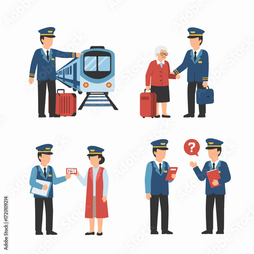 Train conductor illustrations showcasing various interactions with passengers, luggage, and train
