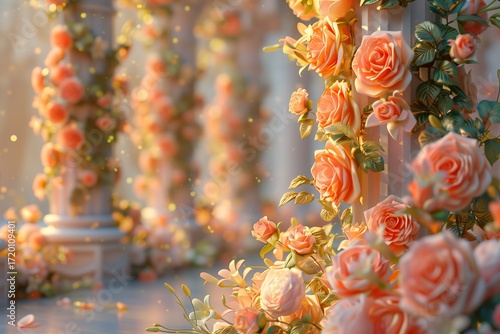 A vibrant display of blooming roses in a serene, picturesque setting.