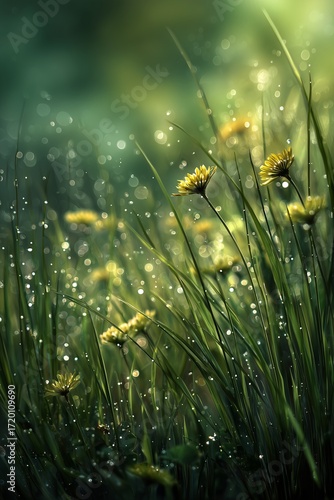 A vibrant meadow filled with yellow flowers and glistening dew drops in soft sunlight.