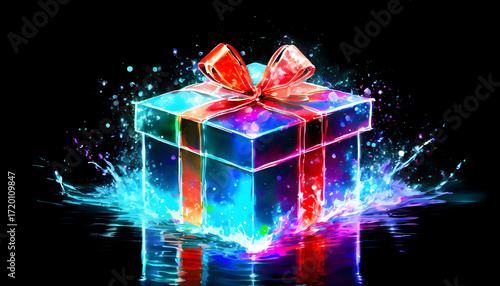 Abstract A gift box, snowflake red background. ornaments creation with colored sequins.