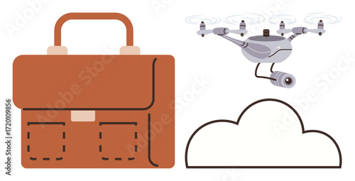 Brown briefcase, quadcopter with camera, and cloud outline highlight themes of technology, work, and innovation. Ideal for business, cloud storage, surveillance, tech advancements mobility remote work