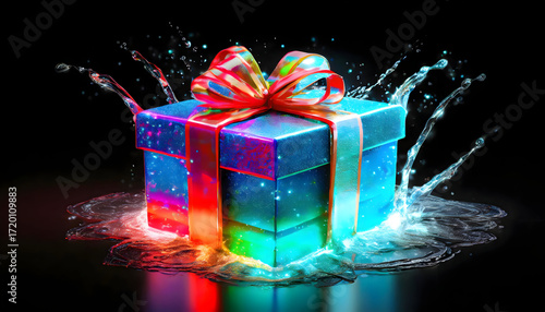 Abstract A gift box, snowflake red background. ornaments creation with colored sequins.