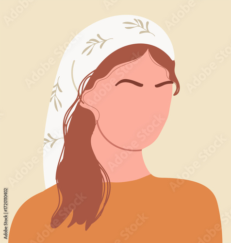 Woman abstract face portrait. Faceless young female character with headscarf, head avatar. Hand drawn vector illustration.