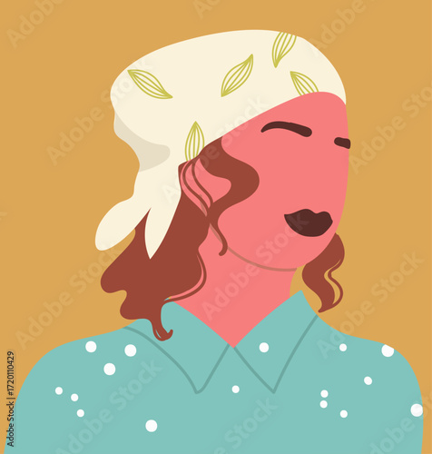 Woman abstract face portrait. Faceless young female redhead character with headscarf, head avatar. Hand drawn vector illustration.