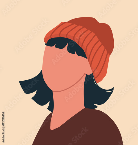 Woman abstract face portrait. Faceless young female character with red beanie hat, head avatar. Modern fashion style girl, poster. Hand drawn vector illustration.