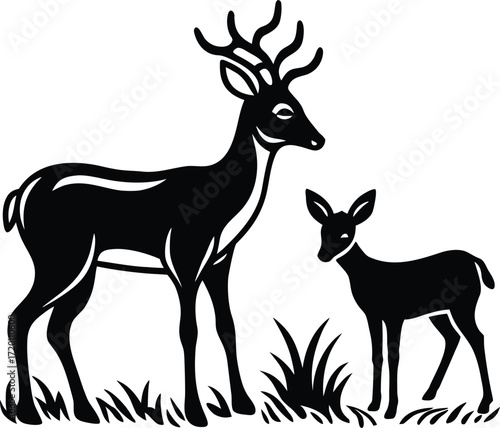 A silhouette set of wild deer, elk, and reindeer vector illustrations with antlers, graphic, simple, minimal, black, shadow