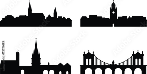 This vector silhouette collection of European city landmarks, includes the famous Adolphe Bridge in Luxembourg and other historic old town church skylines