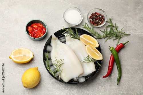 Foto Pieces of raw squids with ice cubes, lemon, rosemary, spices and products on gre
