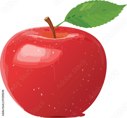 A realistic and glossy vector illustration of a single fresh red apple, complete with a stem and a vibrant green leaf. Isolated on a white background for easy use in designs