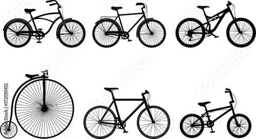 Bicycle silhouettes, cruiser, road bike, mountain bike, penny farthing, BMX, fixed gear, vintage, modern, cycling types, isolated, vector, black, transportation