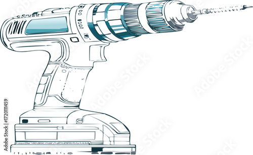 Detailed line art illustration of a cordless electric drill driver. A vector graphic representing industrial construction tools and DIY repair work