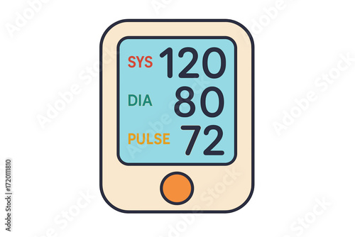 Blood pressure monitor screen displaying systolic, diastolic, and pulse readings 