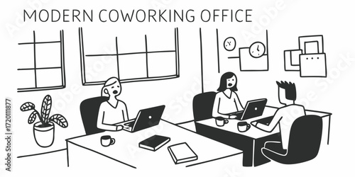 coworking office .Diverse team collaborating productively on laptops in a modern, bright office or coworking space. Ideal for business, technology, and teamwork concepts.
