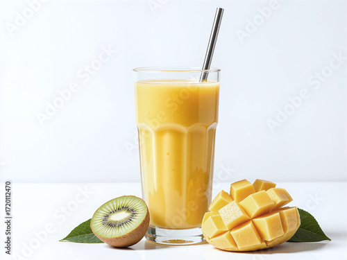 A tall glass with vibrant kiwi-mango juice and metal straw highlights a modern, healthy lifestyle.