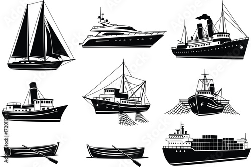 Boat and ship illustration set, black and white vector icons, sailboat, yacht, ferry, fishing boat, cargo vessel, maritime design