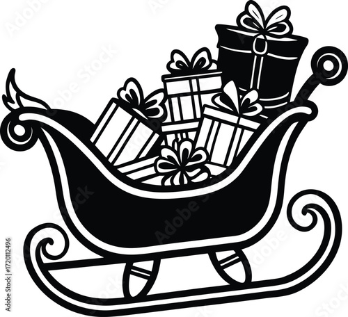 A whimsical Christmas illustration features a festive sleigh piled high with gifts and a decorative bow, spirit, family, snowflakes, giftwrapped
