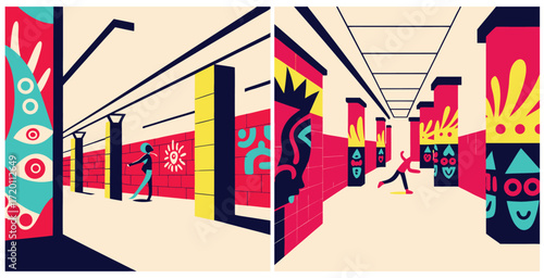 Dynamic urban scene blending vibrant street art with modern architectural elements vector art design
