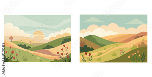 Gently rolling hillside covered in soft grasses and wildflowers vector art design