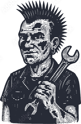 Retro Punk Mechanic Illustration, Man with Mohawk and Wrench Digital Art. Vintage Engraved Style Graphic for Industrial Wall Decor, Garage, or Workshop Canvas Print.