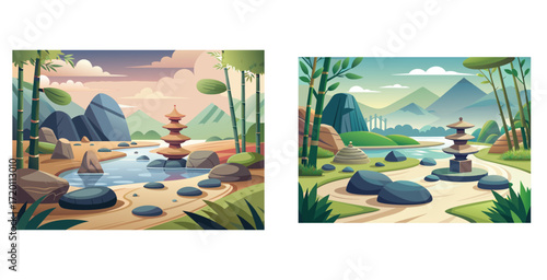 Harmonious zen landscape featuring raked sand smooth stones and carefully placed greenery vector art design