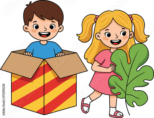 Cartoon kids playing with cardboard box and leaf in outdoor setting, fun nature activity for preschool and kindergarten education themes