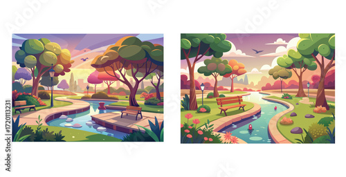 Peaceful park scene bathed in soft warm sunlight with lush trees and gentle pathways vector art design