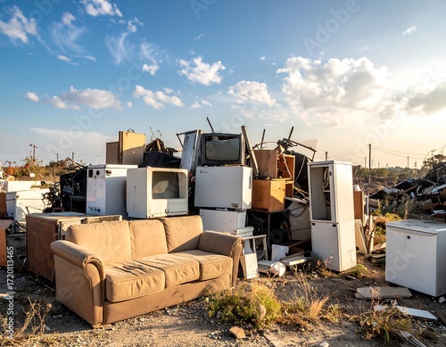 Pile of discarded appliances and furniture under a partly cloudy sky