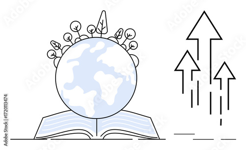 Earth atop an open book surrounded by flourishing plants, with arrows signifying progress. Ideal for education, sustainability, growth, innovation, research, development, and learning progress in
