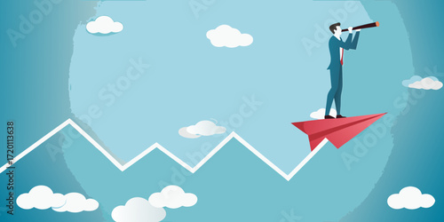 Businessman on a red paper airplane looking through a telescope over a mountain graph with clouds