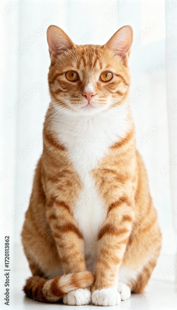 Fototapeta premium Close-up portrait of a ginger tabby cat with white markings against a soft white background.