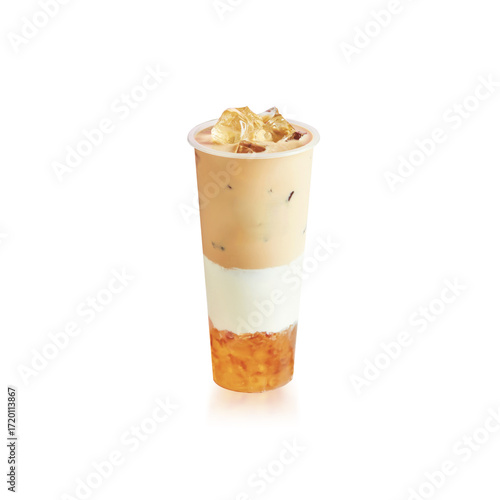 Isolated creamy Asian milk tea with cheese foam and pudding, cold beverage