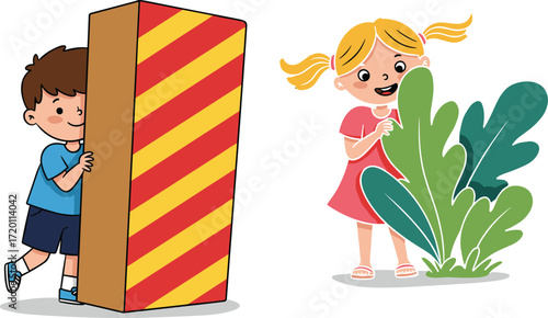 Children playing hide and seek outdoors with colorful objects and plants, joyful childhood moment, fun activity, summer game, vector illustration