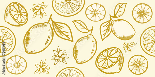 Seamless pattern of hand drawn lemons and citrus slices with leaves and flowers in golden yellow outline on a cream background