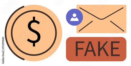 Money symbol, user profile icon, email, and FAKE label warn against financial scams, phishing, and identity theft. Ideal for cybersecurity, fraud awareness, online safety risk management digital