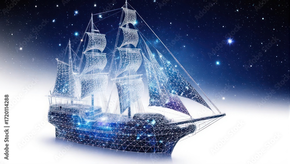 Obraz premium Futuristic digital constellation ship sails through starry night sky, symbolizing innovation, discovery, and technological exploration