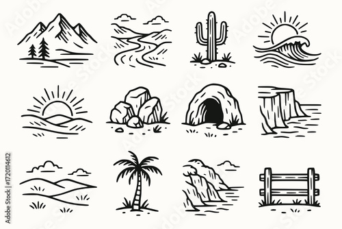 Vintage Landscape Illustration Icon Set in Bold Black Line Art Style on White Background