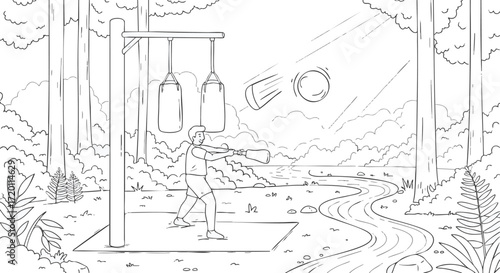 Outdoor Training Punching Bags and River Scenery Illustration