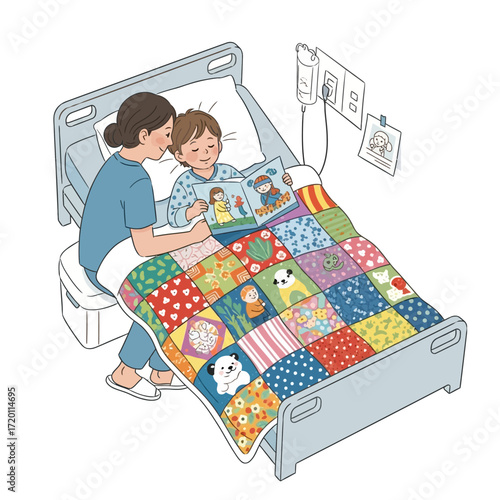 Nurse reading a storybook to a young boy in a hospital bed, comforted by a colorful patchwork quilt.