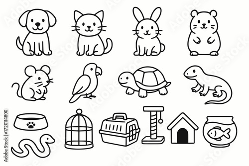 Cute Pet Illustration Icon Set in Minimal Black Line Art Style on White Background