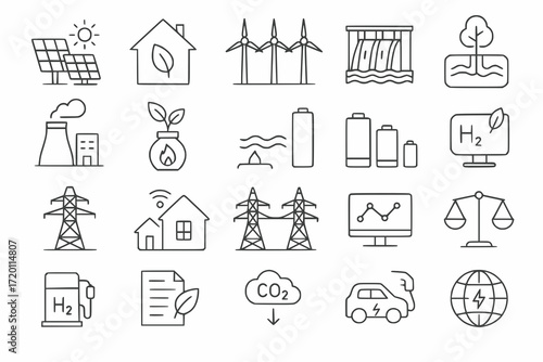Minimal Renewable Energy and Sustainability Icon Set in Flat Line Style on White Background